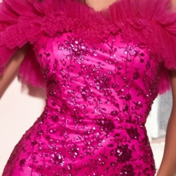 Green, blue,..New long off the shoulder tulle glitter print sheath formal gown, - Picture 5 of 11